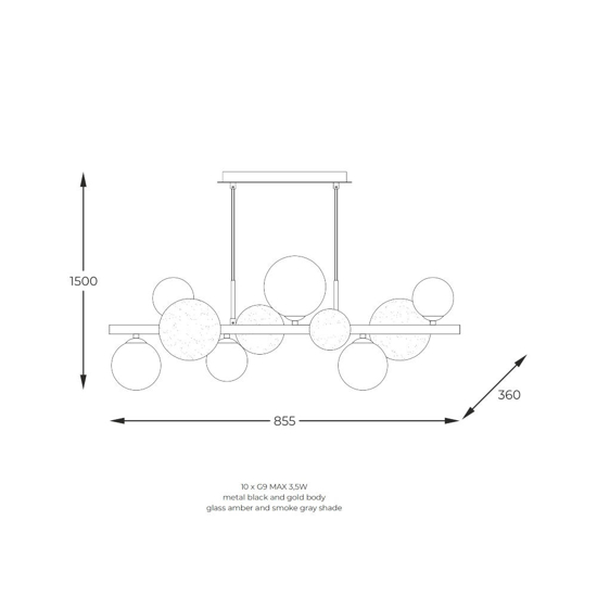 Lampada a sospensione 10 luci oro sfere vetro ambra e fume''