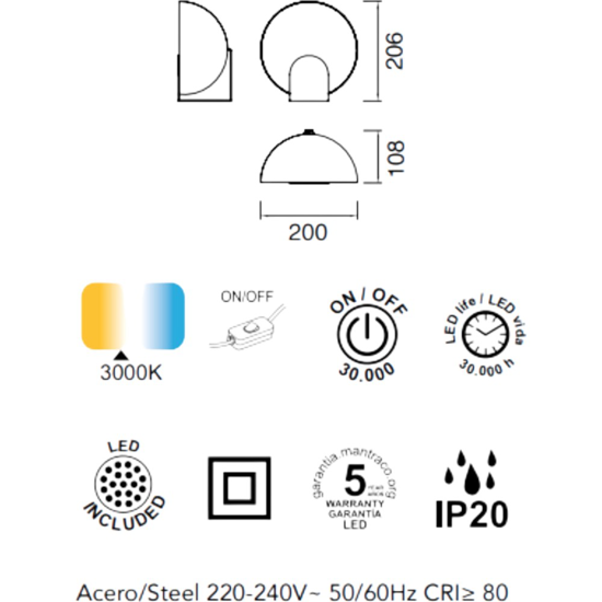 Lampada da tavolo nera rotonda moderna led 5w 3000k