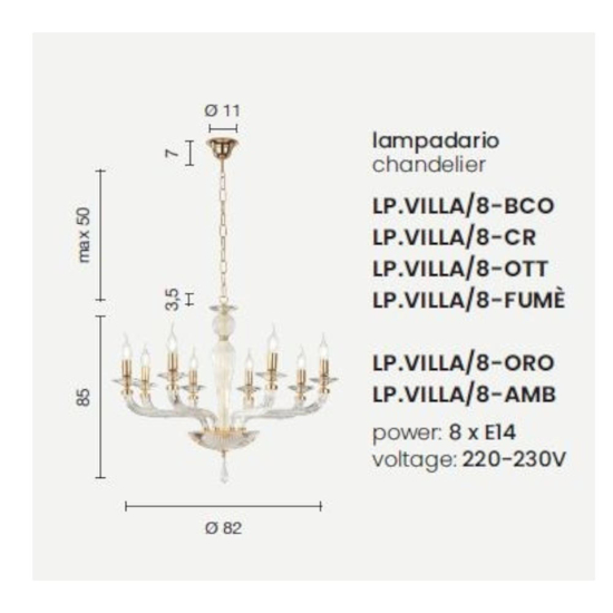 Lp villa ondaluce lampadario classico 8 luci vetro grigio fumo