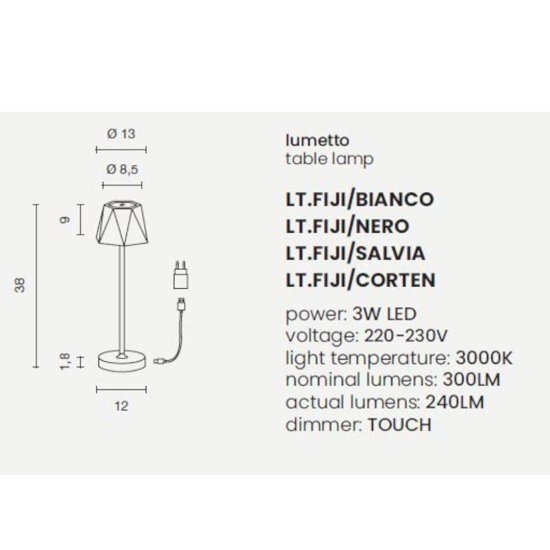 Ondaluce lt fiji lampada bianca da tavolo ricaricabile led 3000k portatile ip54