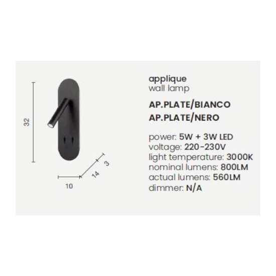 Ap plate ondaluce applique per comodino nera led 3000k orientabile