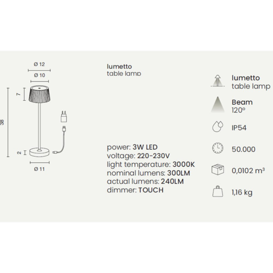 Ondaluce lt macao lampada da tavolo corten per giardino led touch dimmer