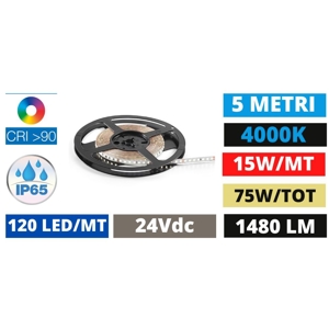 Bobina 5mt striscia led per esterno 14,4w-mt 4000k ip65 24v cri90 ideal lux