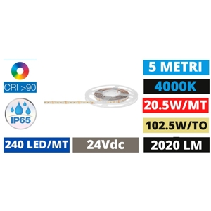 Striscia led da esterno 19,2w-mt 4000k cri90 ip65 bobina 5mt ideal lux