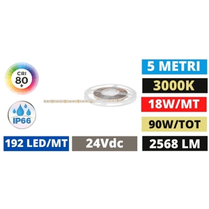 Bobina 5mt striscia led per esterno 18w-mt 3000k 24v dc ip66 gea luce