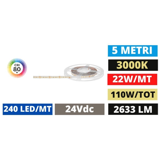 Bobina 5mt striscia led 24v dc 22w-mt 3000k cri90 gea luce