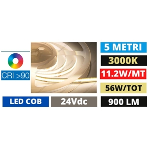 Striscia led cob 3000k 11,2w-mt 24vdc bobina 5mt cri90