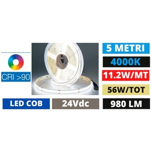 Strip led cob 11,2w-mt 4000k 24vdc bobina 5mt cri90