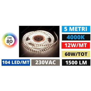 Striscia led 230vac 12w-mt 4000k bobina 5mt ip65 cri80