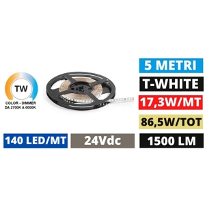 Striscia led 24vdc bobina 5mt 17,3w-mt da 2700k a 6000k cri90