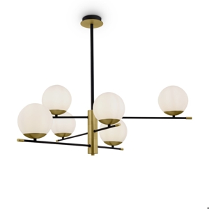 Lampadario da soggiorno chic nero oro 6 luci sfere vetro bianco