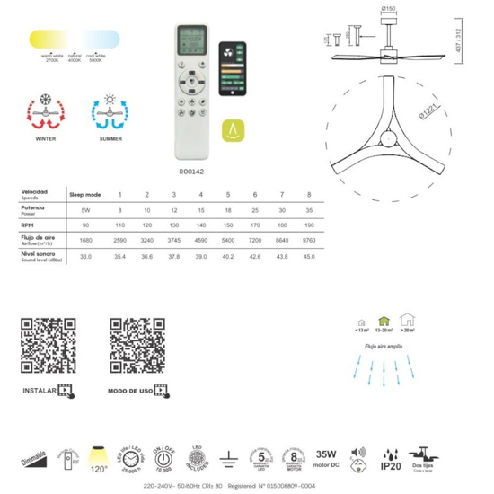 Ventilatore da soffitto con luce telecomando bianco mantra thai