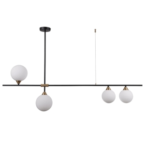 Lampadario moderno metallo nero ottone 4 sfere bianco opale