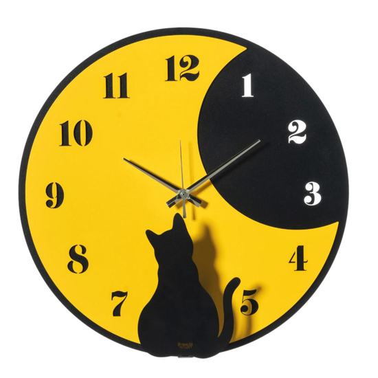 Orologio da parete moderno rotondo 43cm giallo gatto nero