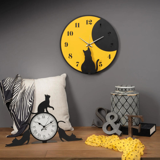 Orologio da parete moderno rotondo 43cm giallo gatto nero