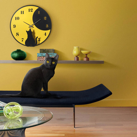 Orologio da parete moderno rotondo 43cm giallo gatto nero