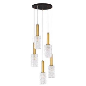 Lampadario dorato 5 vetri pendenti a cascata stile contemporaneo