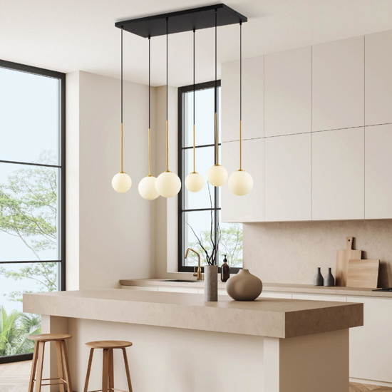 Lampadario oro nero multi lampada a sospensione sfere vetro bianco