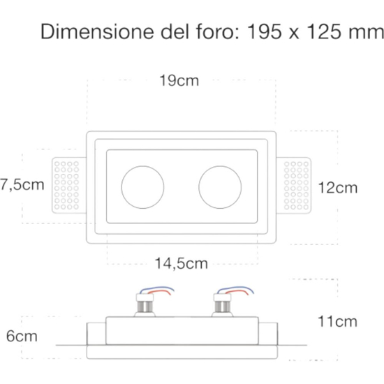 Faretto in gesso da incasso a soffitto 2 luci rettangolare