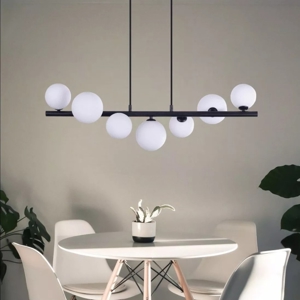 Lampadario nero design sfere vetro bianco per soggiorno moderno