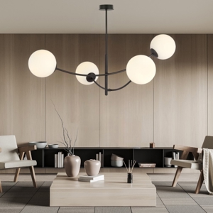 Lampadario moderno per soggiorno nero sfere vetro bianco