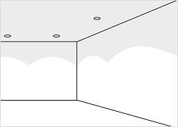 Downlight dispositi ad angolo nel soffitto con prospettiva della stanza.